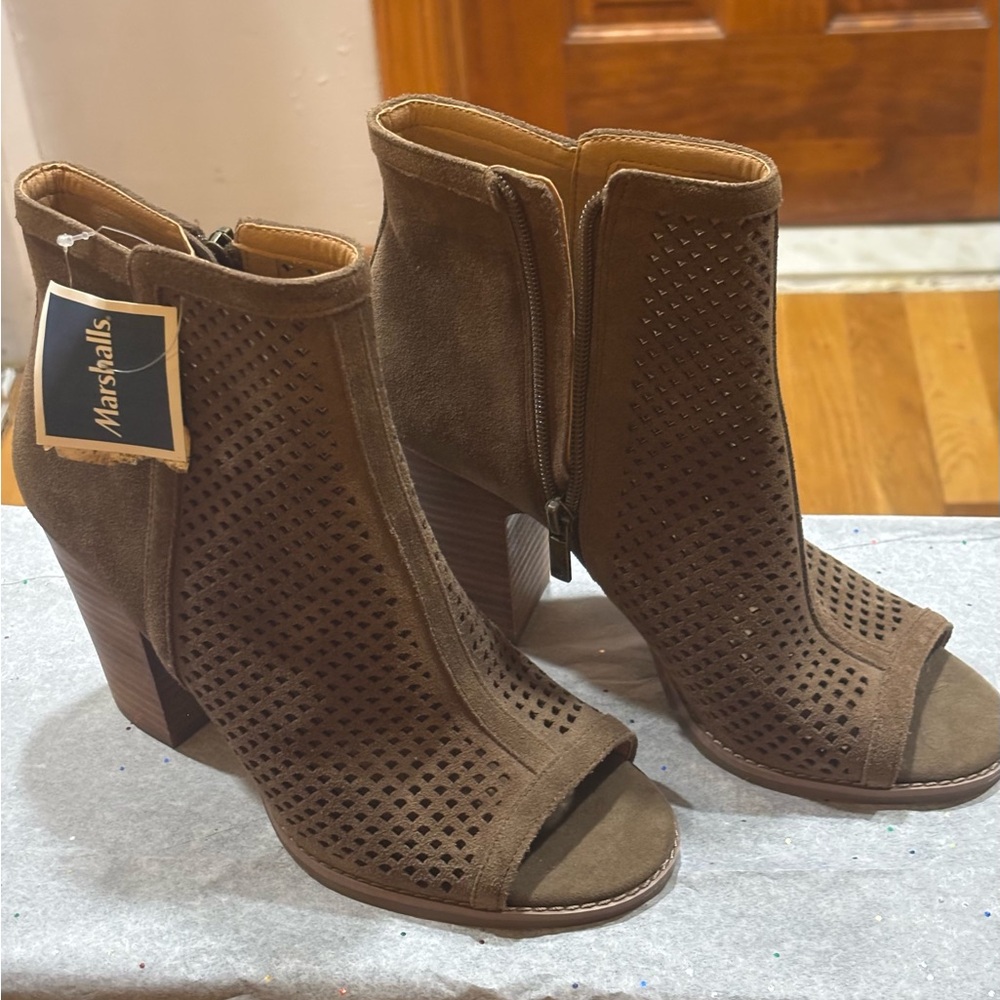 Lucky Brand Brown Suede Peep-Toe Perforated Ankle Booties